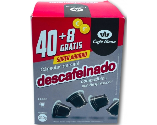 Siena Nespresso * Decaffeinated Coffee Pods Pack XL 40 + 8 Un