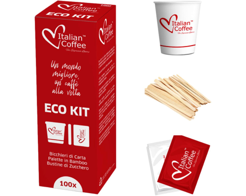 Italian Coffee Eco Kit 100 Paper Cups + Sugar Sachets + Bamboo Stirrers